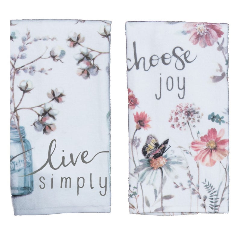 Kay Dee Designs Kitchen Towel Set (2 pc) - Choose Joy and Live Simply - Terry Hand Towels,White - Image 1